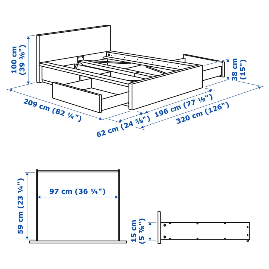 Каркас кровати с 4 ящиками для хранения - IKEA MALM, 200х180 см, под беленый дуб, МАЛЬМ ИКЕА (изображение №13)