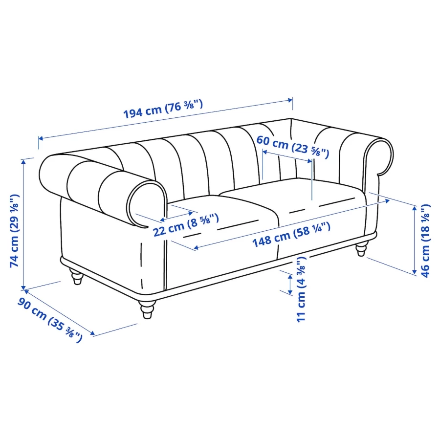 2-местный диван - IKEA VISKAFORS,  74x90x194см, черный, ВИСКАФОРС ИКЕА (изображение №8)