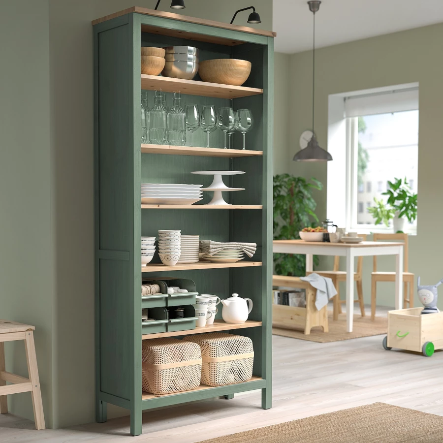 Открытый книжный шкаф - IKEA HEMNES/ХЕМНЭС ИКЕА, 90x197 см, серо-зеленая/светло-коричневая морилка (изображение №3)