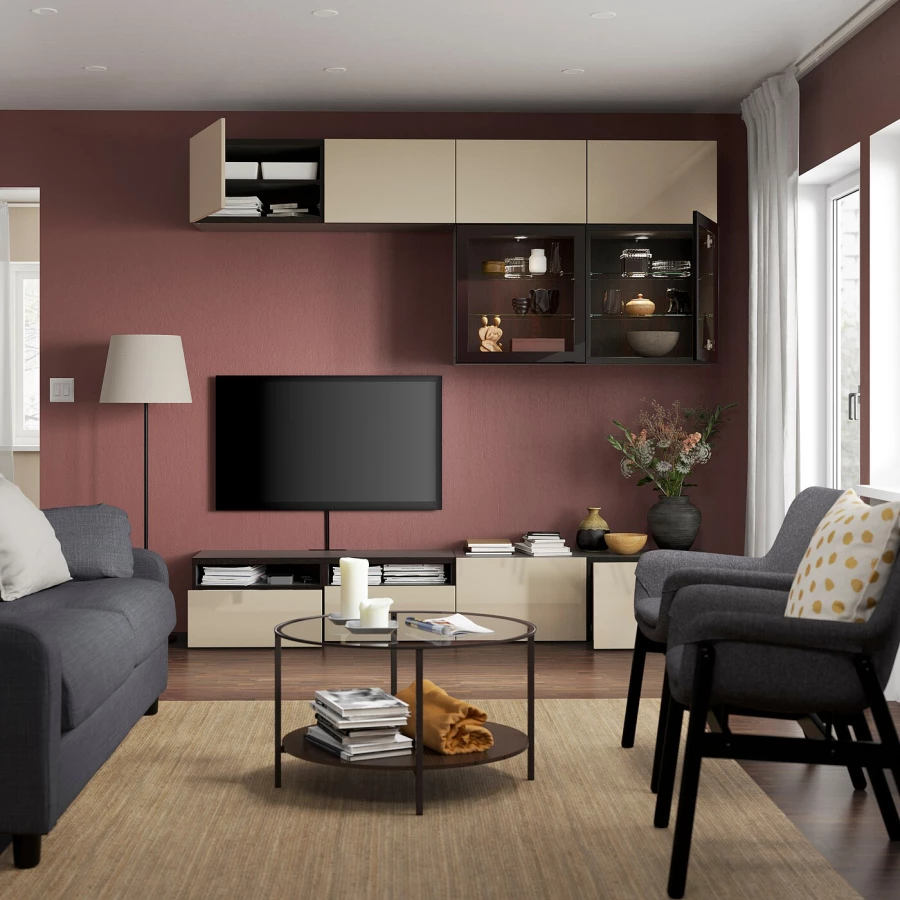 Комбинация для хранения ТВ - IKEA BESTÅ/BESTA, 231x42x240см, светло-коричневый, БЕСТО ИКЕА (изображение №2)