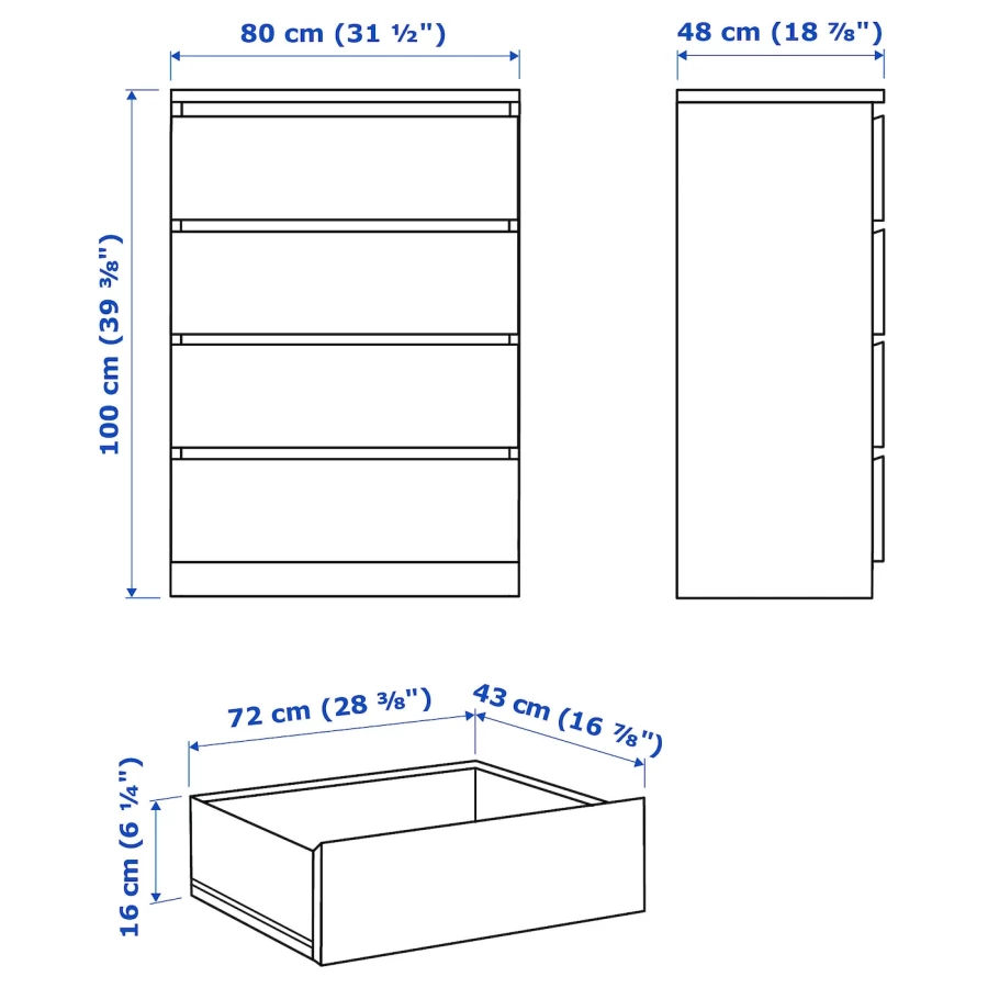 Комод с 4 ящиками - IKEA MALM, 80x100х48 см, дубовый шпон, беленый МАЛЬМ ИКЕА (изображение №6)