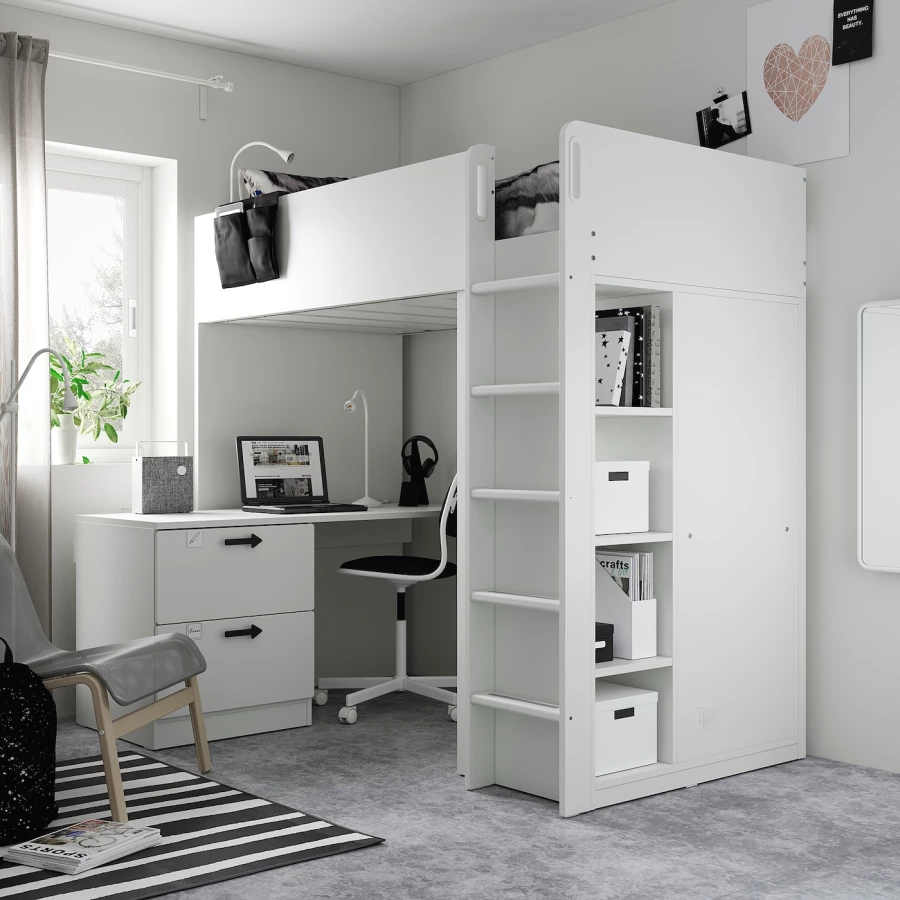 Кровать двухъярусная - IKEA SMÅSTAD/SMASTAD/СМОСТАД ИКЕА, 90x200 см, белый/черный (изображение №2)