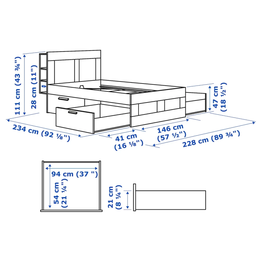 Каркас кровати с ящиком для хранения - IKEA BRIMNES, 200х140 см, белый, БРИМНЕС ИКЕА (изображение №8)