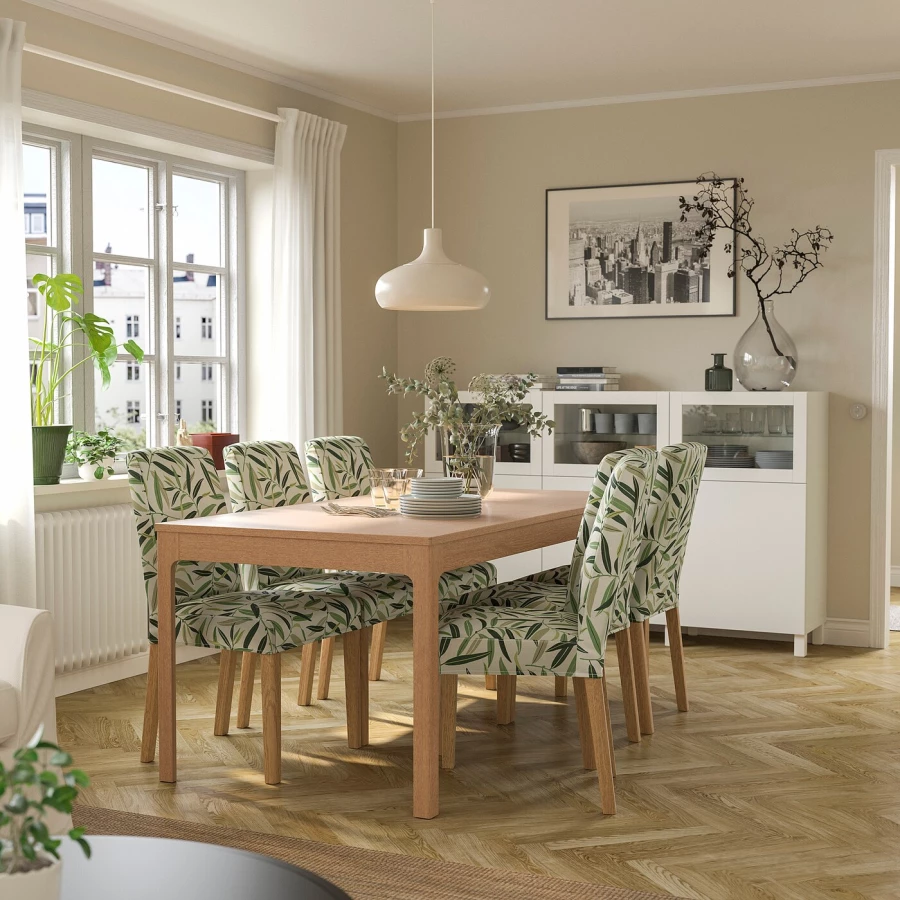Стол и 6 стула - EKEDALEN / BERGMUND IKEA/ ЭКАДАЛЕН /БЕРГМУНД ИКЕА, 240/180х90 см, коричневый/белый с рисунком (изображение №2)