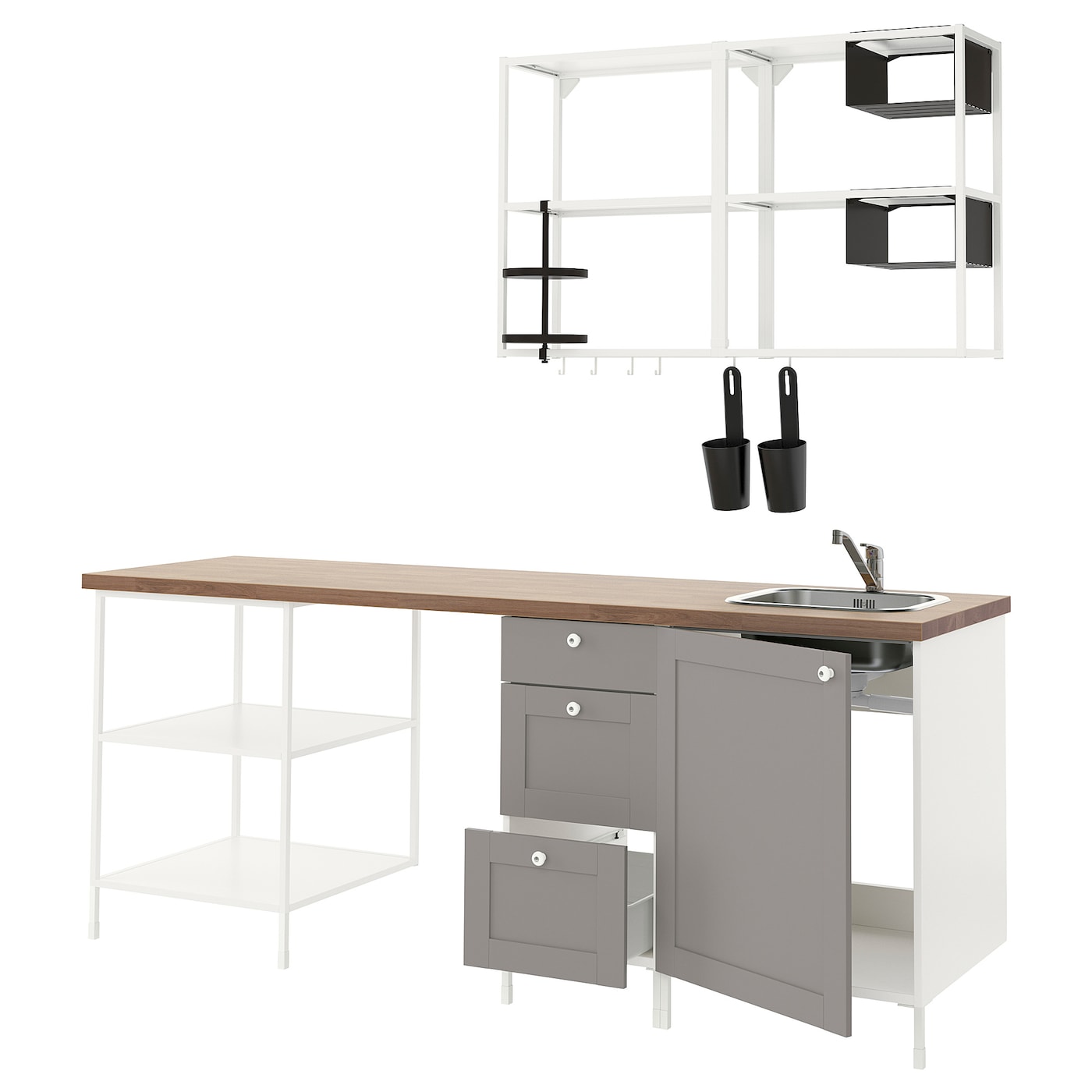 Кухонная комбинация для хранения вещей - ENHET  IKEA/ ЭНХЕТ ИКЕА, 223х63,5х222 см, белый/серый/бежевый
