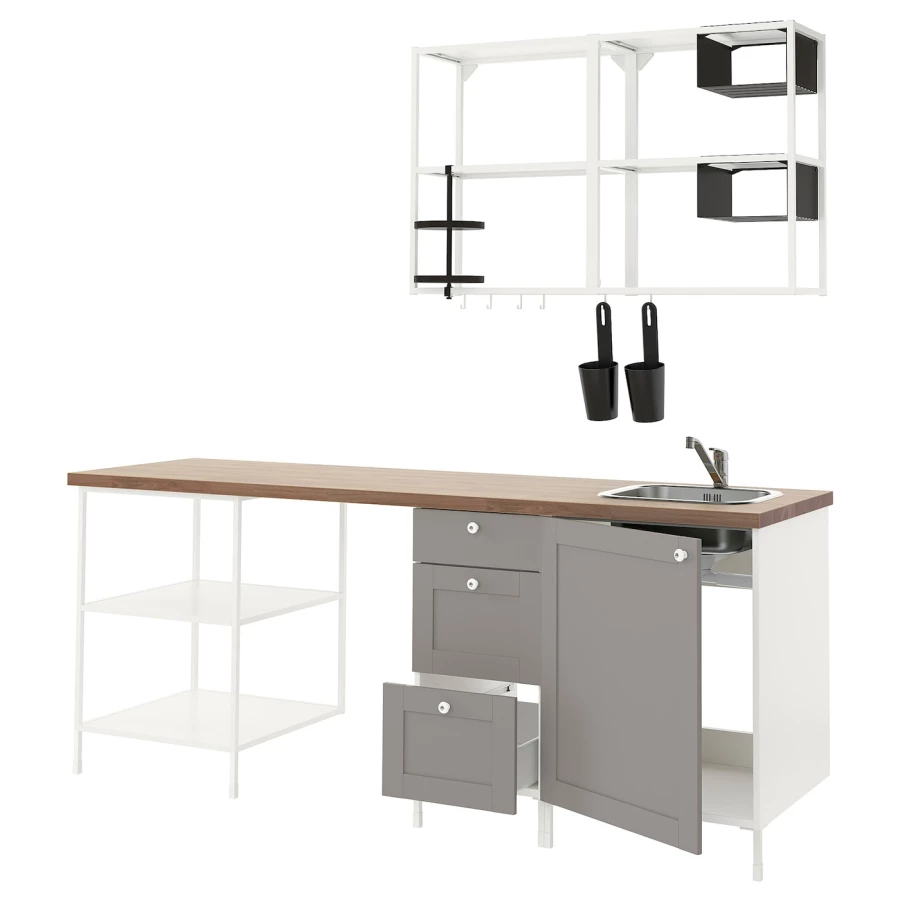 Кухонная комбинация для хранения вещей - ENHET  IKEA/ ЭНХЕТ ИКЕА, 223х63,5х222 см, белый/серый/бежевый (изображение №1)