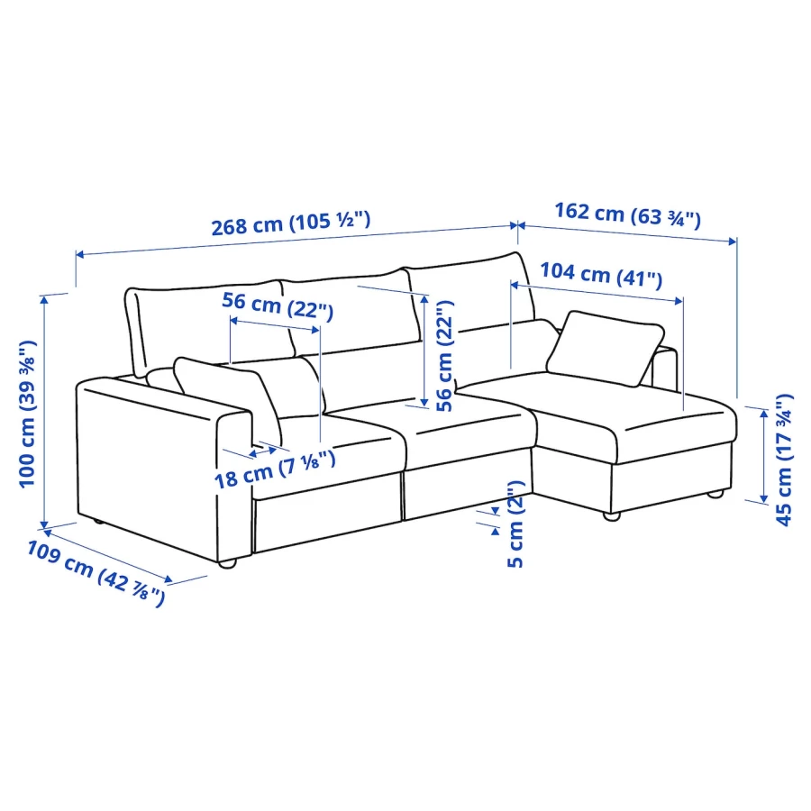 3-местный диван с шезлонгом - IKEA ESKILSTUNA,  100x162x268см, темно-серый, ЭСКИЛЬСТУНА ИКЕА (изображение №9)