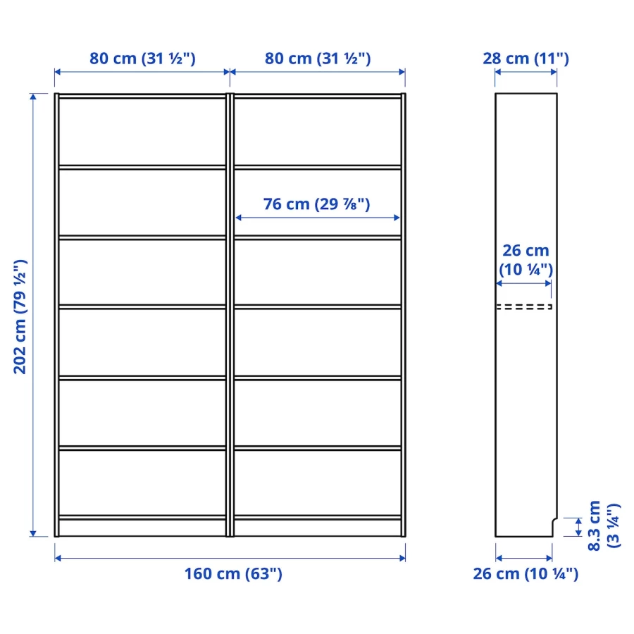 Открытый книжный шкаф - BILLY IKEA/БИЛЛИ ИКЕА, 28х160х202 см, белый (изображение №3)