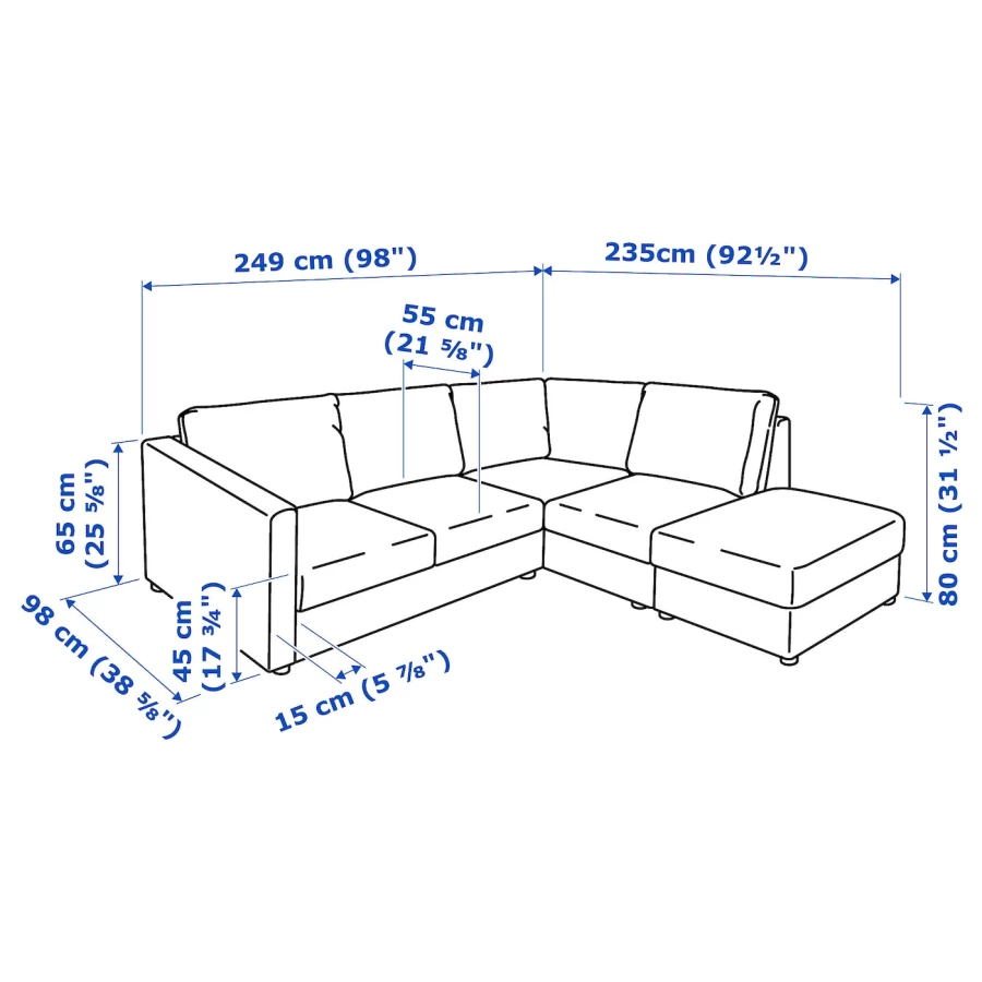4-местный угловой диван- IKEA VIMLE, 249/235х98х80 см, черный, кожа, ВИМЛЕ ИКЕА (изображение №8)