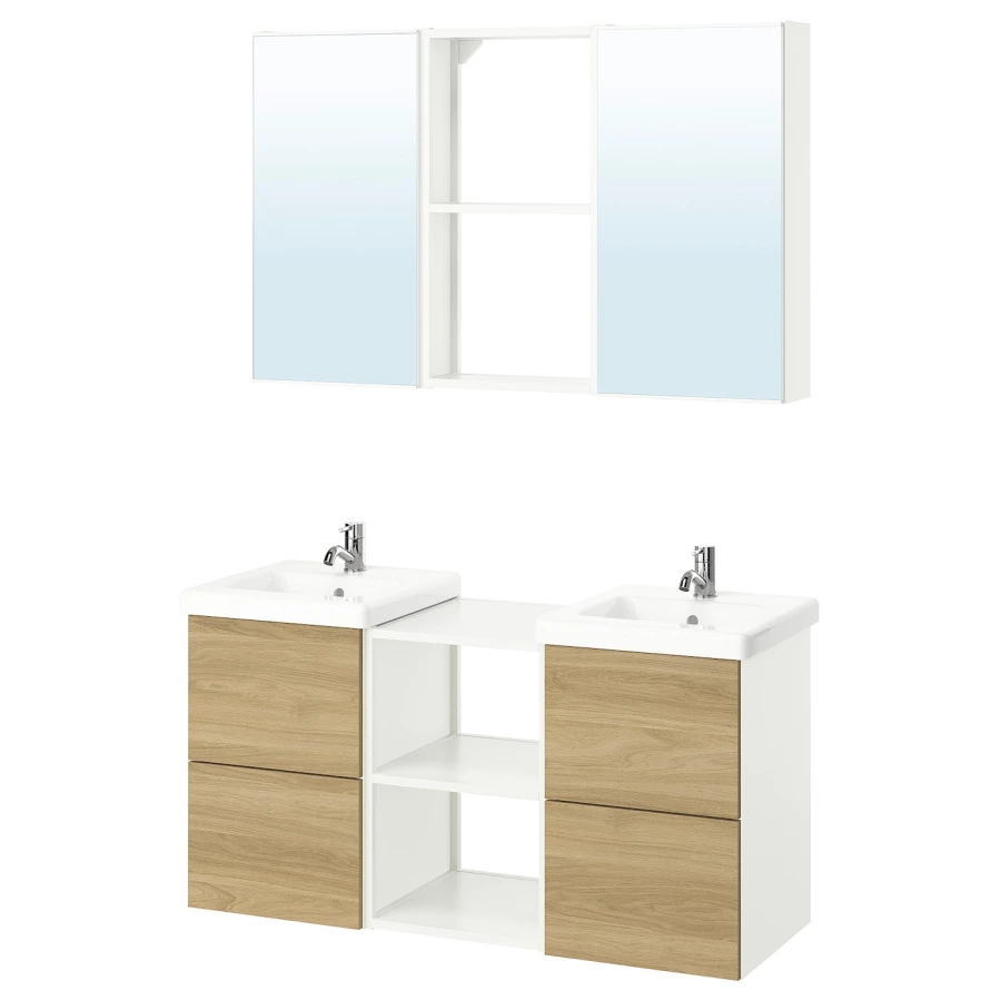 Комбинация для ванной - IKEA ENHET, 124х43х65 см, белый/имитация дуба, ЭНХЕТ ИКЕА (изображение №1)