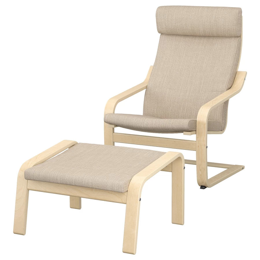 Кресло-качалка и табурет для ног - IKEA POÄNG/POANG/ПОЭНГ ИКЕА, 68х82х100 см, бежевый (изображение №1)