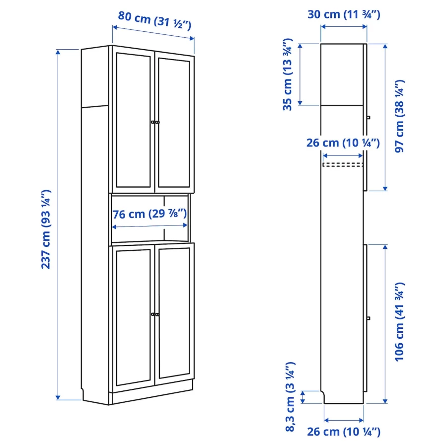 Открытый книжный шкаф - BILLY IKEA/БИЛЛИ ИКЕА, 30х80х237 см, белый (изображение №2)