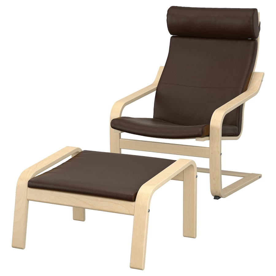 Кресло с подставкой для ног - IKEA POÄNG/POANG/ИКЕА ПОЭНГ , 100х82х68см, березовый шпон/глос темно-коричневый (изображение №1)