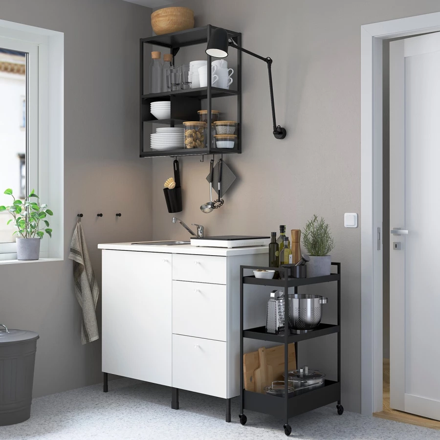 Комбинация шкафов для прачечной и кухни - ENHET  IKEA/ ЭНХЕТ ИКЕА, 103x63,5x222 см, белый/черный (изображение №2)