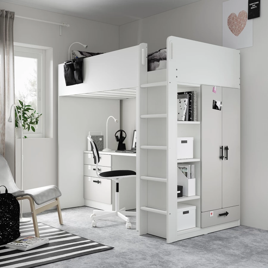 Кровать двухъярусная - IKEA SMÅSTAD/SMASTAD/СМОСТАД ИКЕА, 90x200 см, белый/серый (изображение №3)