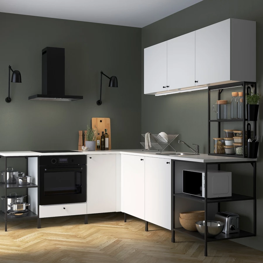 Угловая кухня -  ENHET  IKEA/ ЭНХЕТ ИКЕА, 248.5х135 см, белый/черный (изображение №2)