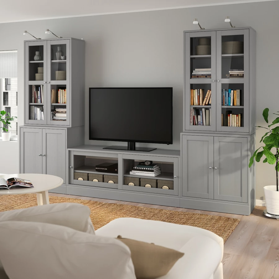 Комбинация телевизора и стеклянной двери - IKEA HAVSTA/ХАВСТА ИКЕА, 47х212х322 см, серый (изображение №2)