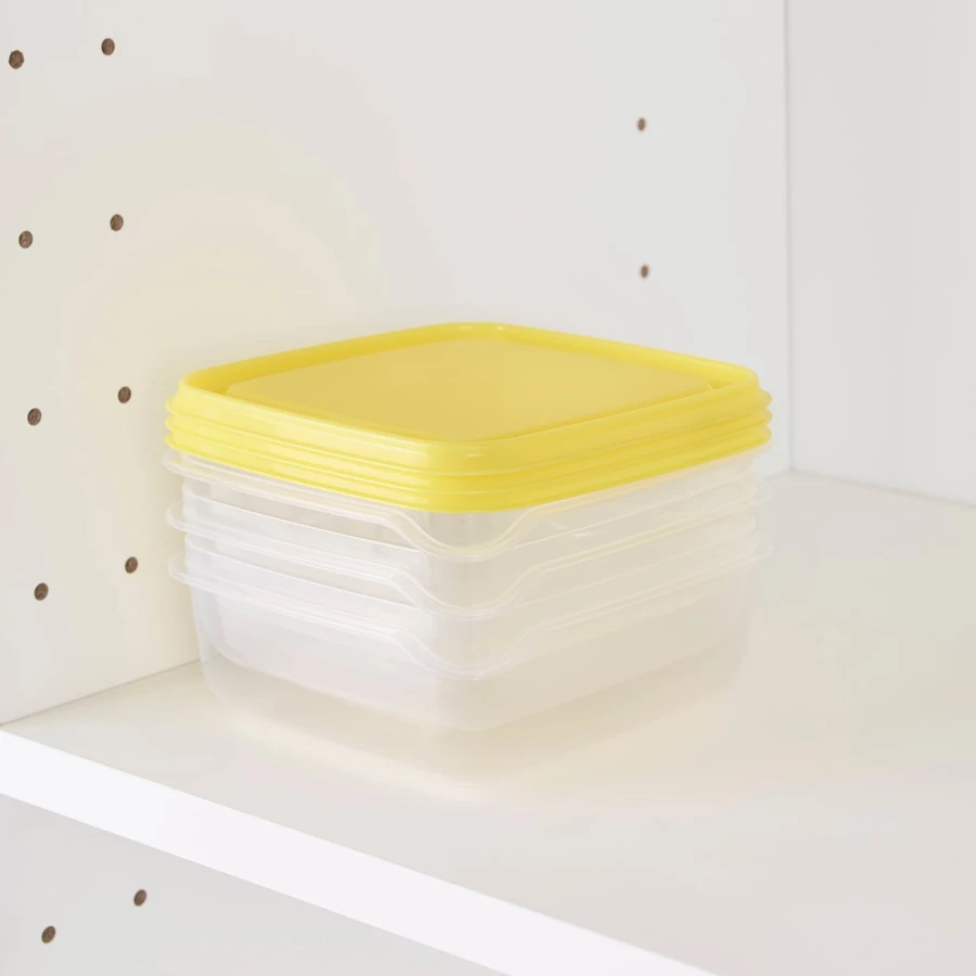 Набор контейнеров для продуктов с крышкой, 3 шт. - IKEA PRUTA, 14х14х6 см, желтый/прозрачный, ПРУТА ИКЕА (изображение №3)