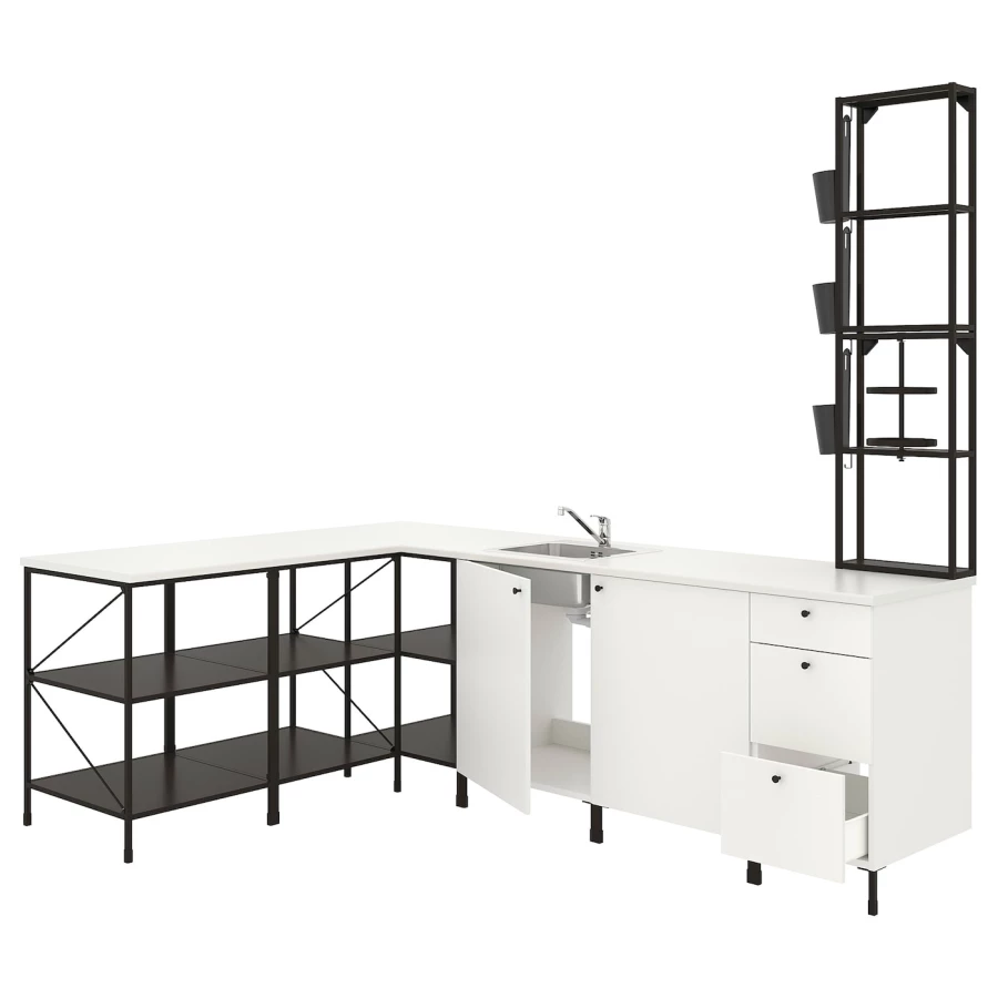 Угловая кухня -  ENHET  IKEA/ ЭНХЕТ ИКЕА, 245х150 см, белый/черный (изображение №1)