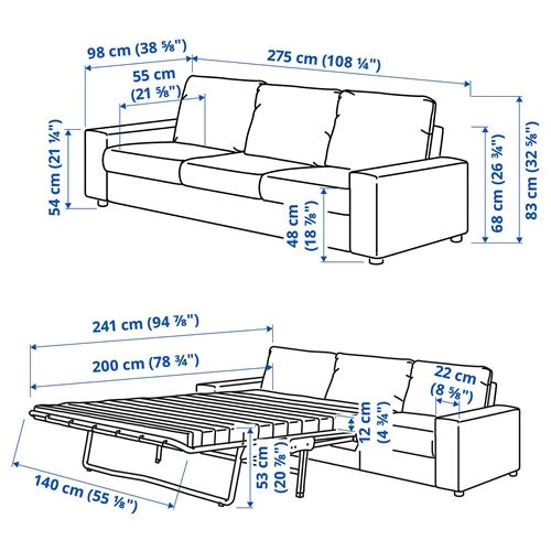 Диван-кровать 3-местный - IKEA VIMLE, 275х98/241х83 см, серый, ВИМЛЕ ИКЕА (изображение №9)
