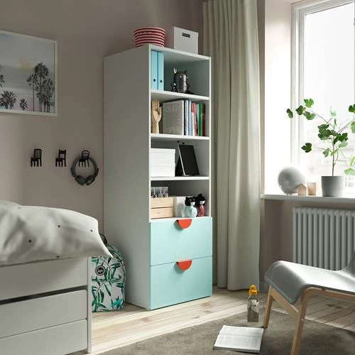 Детский книжный шкаф - PLATSA/SMÅSTAD IKEA/ ПЛАТСА/СМАСТАД ИКЕА, 57х60х181 см, бело-голубой (изображение №2)