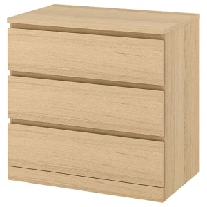 Комод с 3 ящиками - IKEA MALM, 80x78х48 см, дубовый шпон, беленый МАЛЬМ ИКЕА