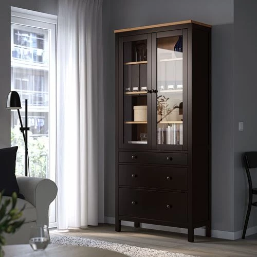 Шкаф со стеклянными дверцами - IKEA HEMNES/Хемнэс ИКЕА, 90x197х37 см, коричневый, (изображение №2)