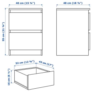 Комод с 2 ящиками - IKEA MALM, 40х55х48 см, дубовый шпон, беленый МАЛЬМ ИКЕА