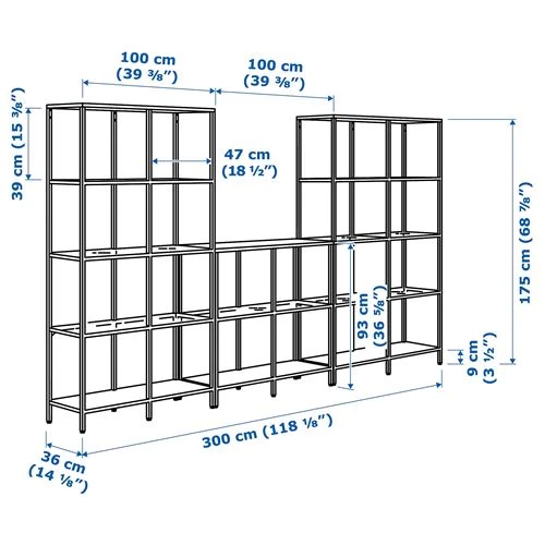 Стеллаж - IKEA VITTSJÖ/VITTSJO, 300х36х175 см, черно-коричневый/стекло, ВИТШЁ/ВИТШЕ ИКЕА (изображение №4)