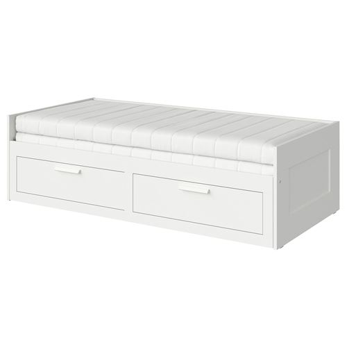 Каркас кровати-кушетки c 2 ящиками и 2 матрасами - IKEA BRIMNES/ÅSVANG/ASVANG, 80х200 см, белый, БРИМНЭС/БРИМНЕС/ОСВАНГ ИКЕА