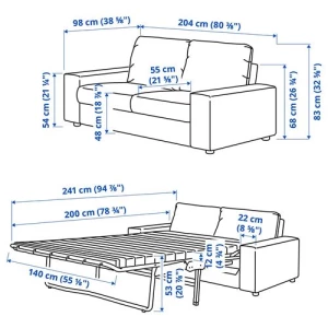 Диван-кровать 2-местный - IKEA VIMLE, 204х98х83 см, серый, ВИМЛЕ ИКЕА