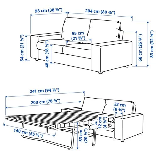 Диван-кровать 2-местный - IKEA VIMLE, 204х98х83 см, серый, ВИМЛЕ ИКЕА (изображение №9)