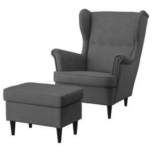 Кресло с подголовником и пуф - IKEA STRANDMON, 82х96х101 см, темно-серый, СТРАНДМОН ИКЕА
