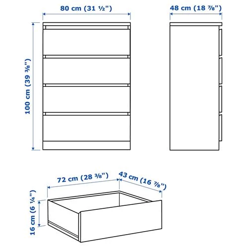 Комод с 4 ящиками - IKEA MALM, 80x100х48 см, дубовый шпон, беленый МАЛЬМ ИКЕА (изображение №6)