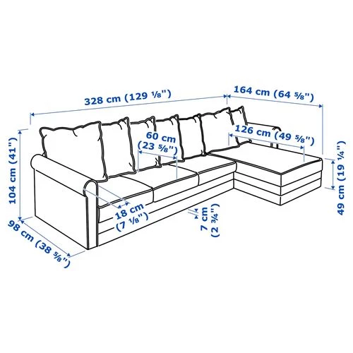 3-местный диван и козетка - IKEA GRÖNLID/GRONLID,  98x328см, серый, ГРЕНЛИД ИКЕА (изображение №10)