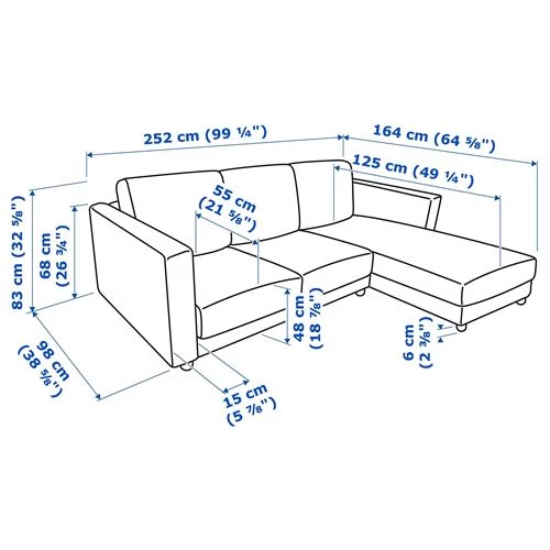 Диван угловой 2-местный - IKEA VIMLE, 252х98/164х83 см, черый, ВИМЛЕ ИКЕА (изображение №8)