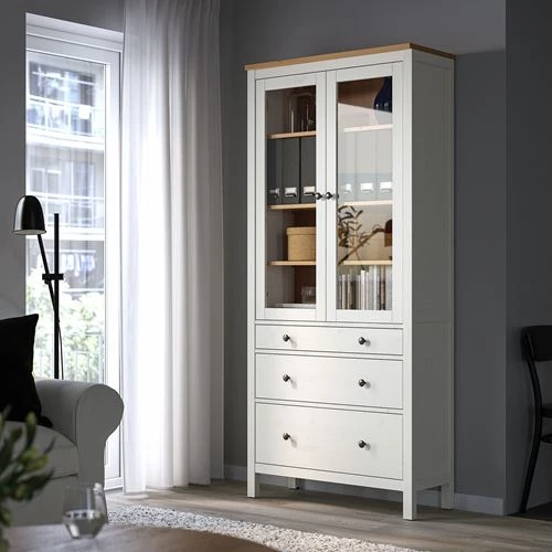 Шкаф со стеклянной дверцей - IKEA HEMNES/ Хемнэс ИКЕА, 89x197 см, белый, (изображение №2)