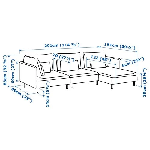 3-местный диван и шезлонг - IKEA SÖDERHAMN/SODERHAMN, 99x291см, серый/светло-серый, СЕДЕРХАМН ИКЕА (изображение №8)