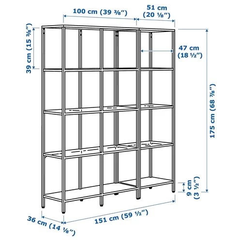 Стеллаж - IKEA VITTSJÖ/VITTSJO, 151х36х175 см, черно-коричневый/стекло, ВИТШЁ/ВИТШЕ ИКЕА (изображение №4)