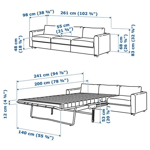 Диван-кровать 3-местный - IKEA VIMLE, 261х98/241х83 см, серый, ВИМЛЕ ИКЕА (изображение №7)