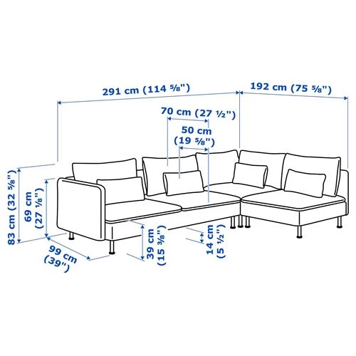 4-местный угловой диван - IKEA SÖDERHAMN/SODERHAMN, 99x192/291см, серый/светло-серый, СЕДЕРХАМН ИКЕА (изображение №8)
