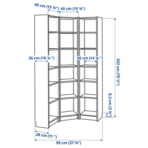 Угловой книжный шкаф - BILLY IKEA/БИЛЛИ ИКЕА, 28х95х202 см, светло-коричневый (изображение №3)