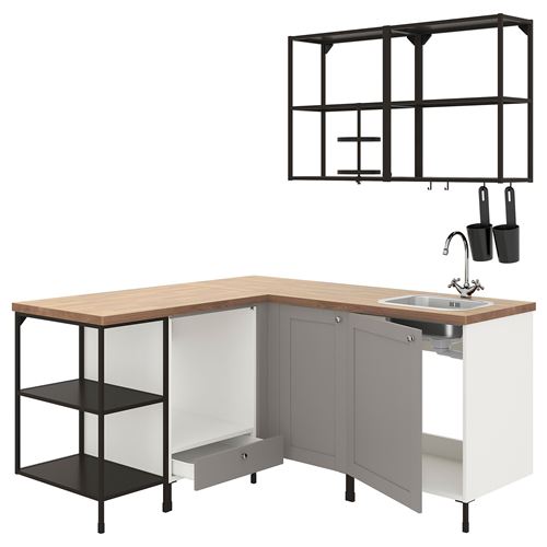 Угловая кухонная комбинация - ENHET IKEA/ ЭНХЕТ ИКЕА, 170x168,5x75 см,  белый/под беленый дуб/черный/серый