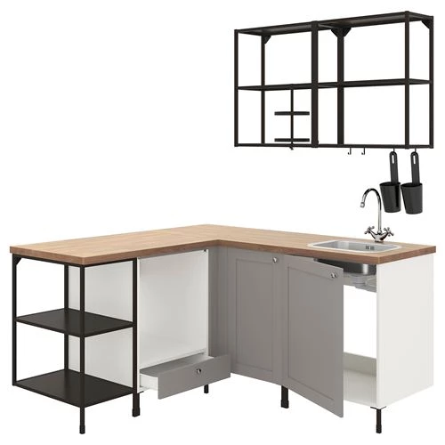 Угловая кухонная комбинация - ENHET IKEA/ ЭНХЕТ ИКЕА, 170x168,5x75 см,  белый/под беленый дуб/черный/серый (изображение №1)