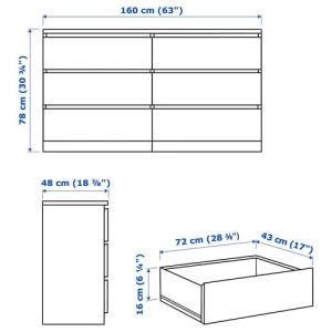 Комод с 6 ящиками - IKEA MALM, 160x78х48 см, дубовый шпон, беленый МАЛЬМ ИКЕА