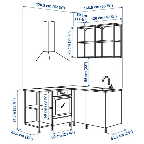Угловая кухонная комбинация - ENHET IKEA/ ЭНХЕТ ИКЕА, 170x168,5x75 см,  белый/под беленый дуб/черный/серый (изображение №3)