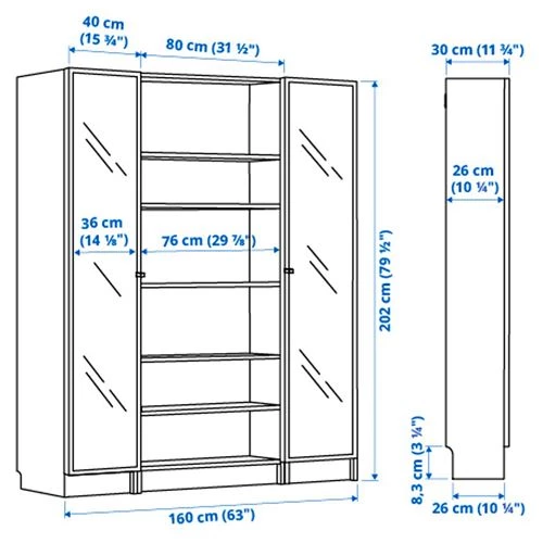 Книжный шкаф со стеклянной дверцей - BILLY/HÖGBO IKEA/ БИЛЛИ/ХОГБО ИКЕА, 30х160х202 см, белый (изображение №3)