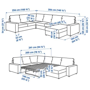 Диван-кровать угловой 4-местный - IKEA VIMLE, 356/256х98/164х83 см, серый, ВИМЛЕ ИКЕА