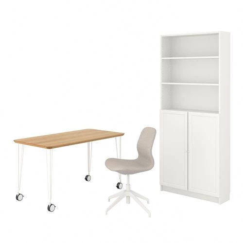 Письменный стол - IKEA ANFALLARE/LÅNGFJÄLL/LANGFJALL, 140х65 см, бамбук/белый, АНФАЛЛАРЕ/ЛАНГФЬЕЛЛЬ ИКЕА (изображение №1)