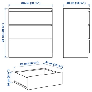 Комод с 3 ящиками - IKEA MALM, 80x78х48 см, дубовый шпон, беленый МАЛЬМ ИКЕА